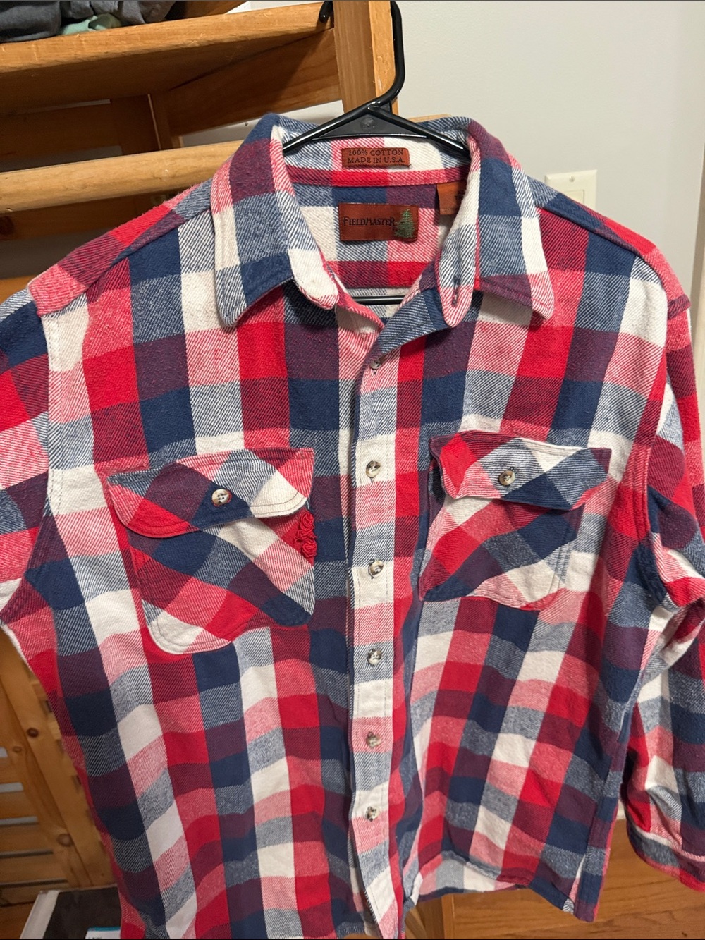 Fieldcrest Men's Red Navy White Plaid Button-Down Shirt